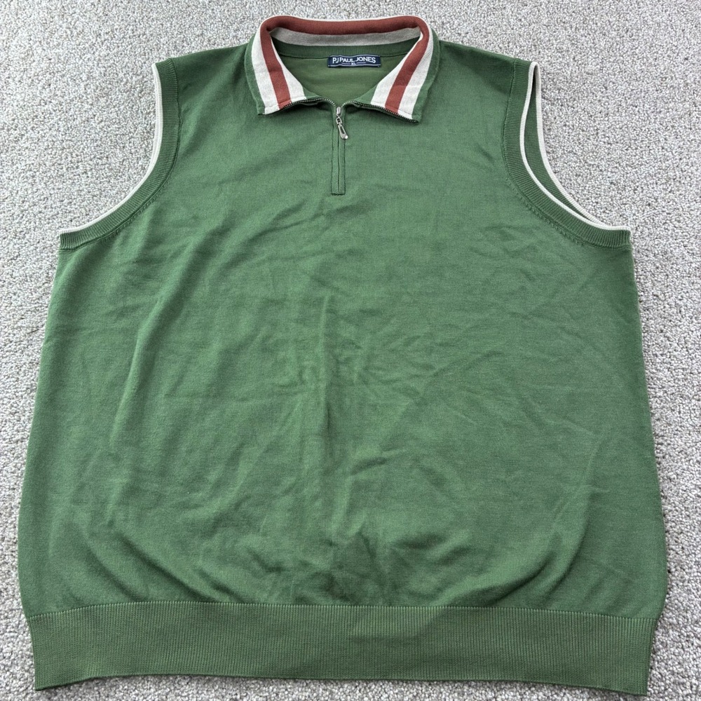 PJ Paul Jones Mens XL Green Quarter Zip Collared Sweater Vest Casual Preppy‎